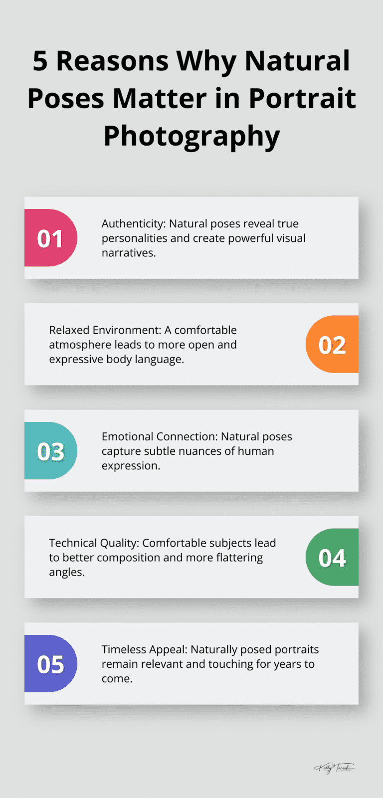 Infographic showing 5 reasons why natural poses are important in portrait photography: authenticity, relaxed environment, emotional connection, technical quality, and timeless appeal.