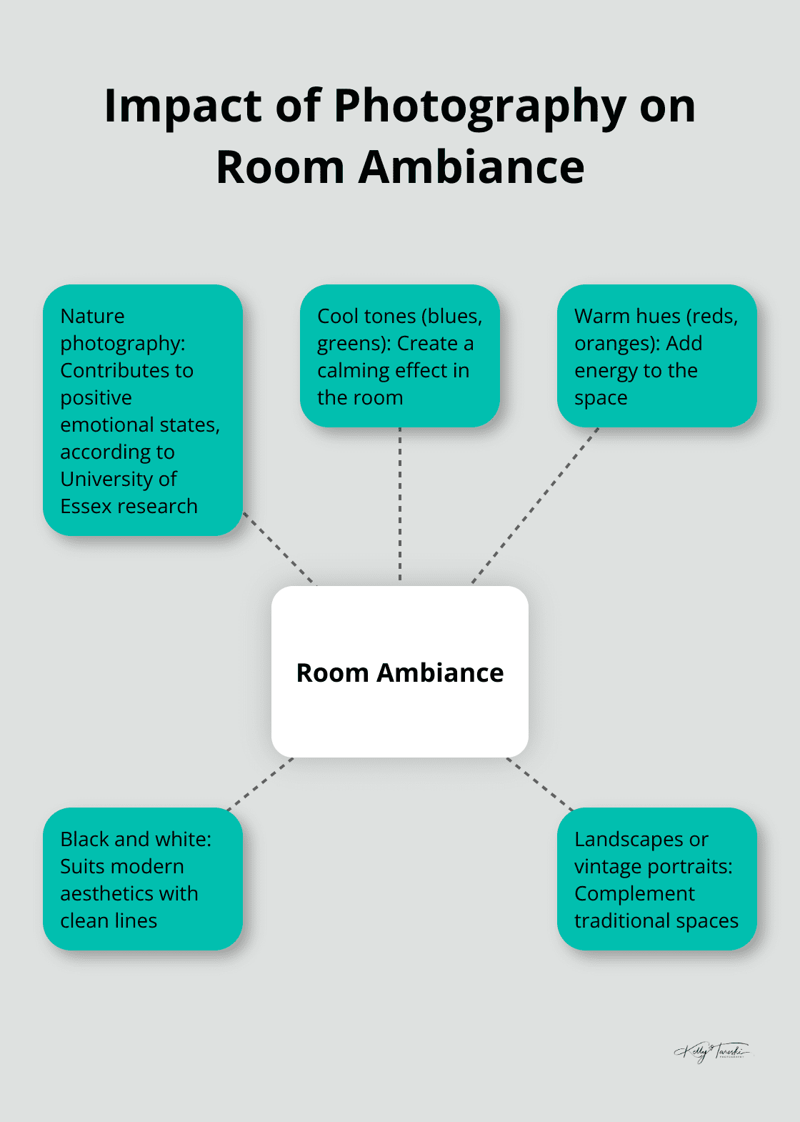 Hub and spoke chart showing how different types of photography affect room ambiance - Photography Education
