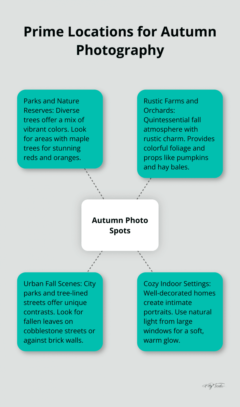 A hub and spoke chart showing four prime locations for autumn photography: Parks and Nature Reserves, Rustic Farms and Orchards, Urban Fall Scenes, and Cozy Indoor Settings. - Photography Education
