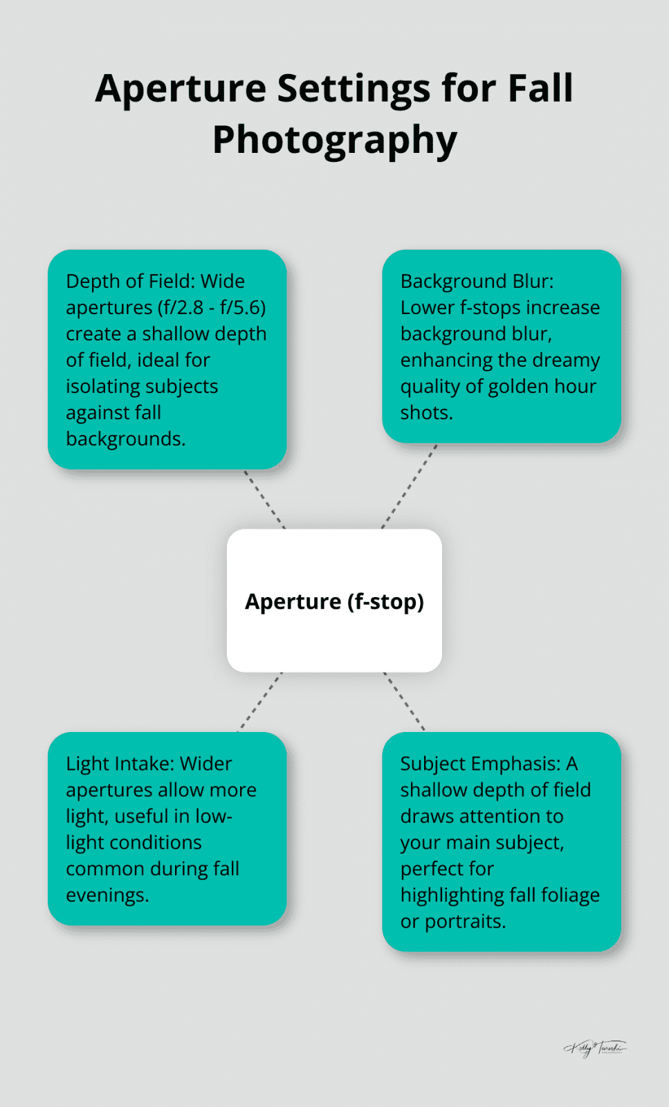 A hub-and-spoke chart illustrating the effects of aperture settings in fall photography, with 'Aperture (f-stop)' as the central hub and four spokes showing different effects.