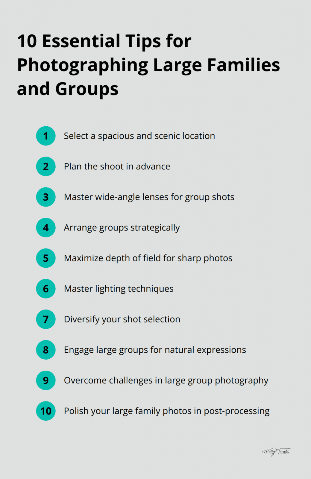 A list of 10 essential tips for photographing large families and groups, including location selection, advance planning, lens choice, group arrangement, depth of field, lighting, shot diversity, group engagement, challenge management, and post-processing. - Photography Education