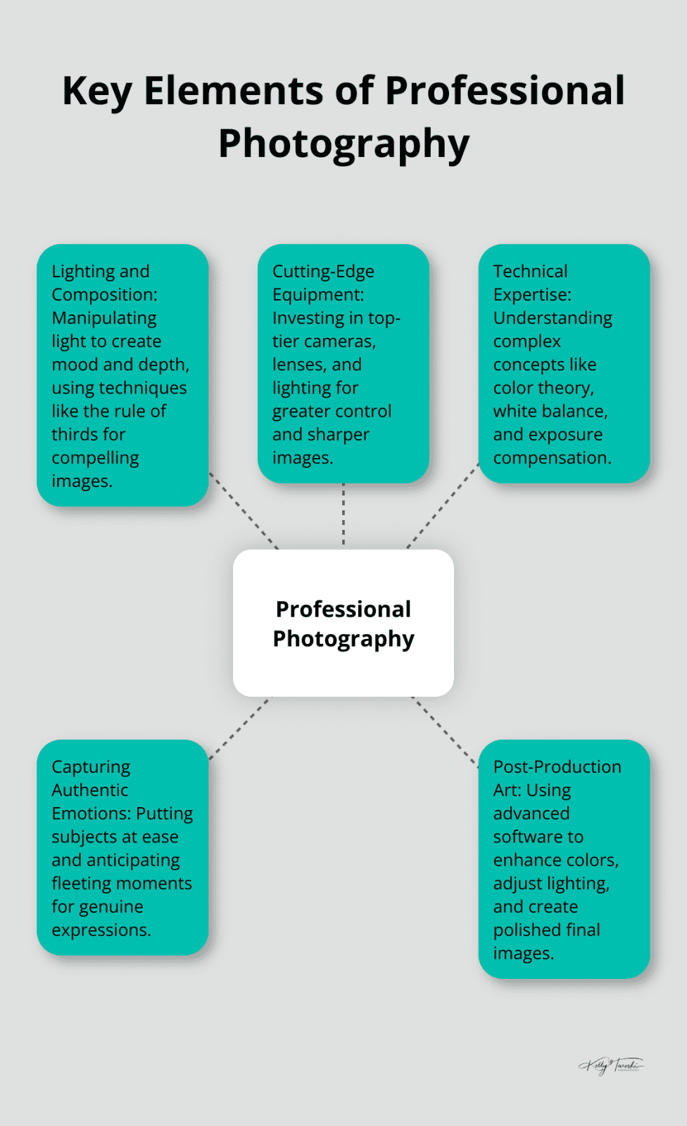 A hub-spoke chart illustrating the five key elements that set professional photography apart: lighting and composition, cutting-edge equipment, technical expertise, capturing authentic emotions, and post-production art. - Photography Education
