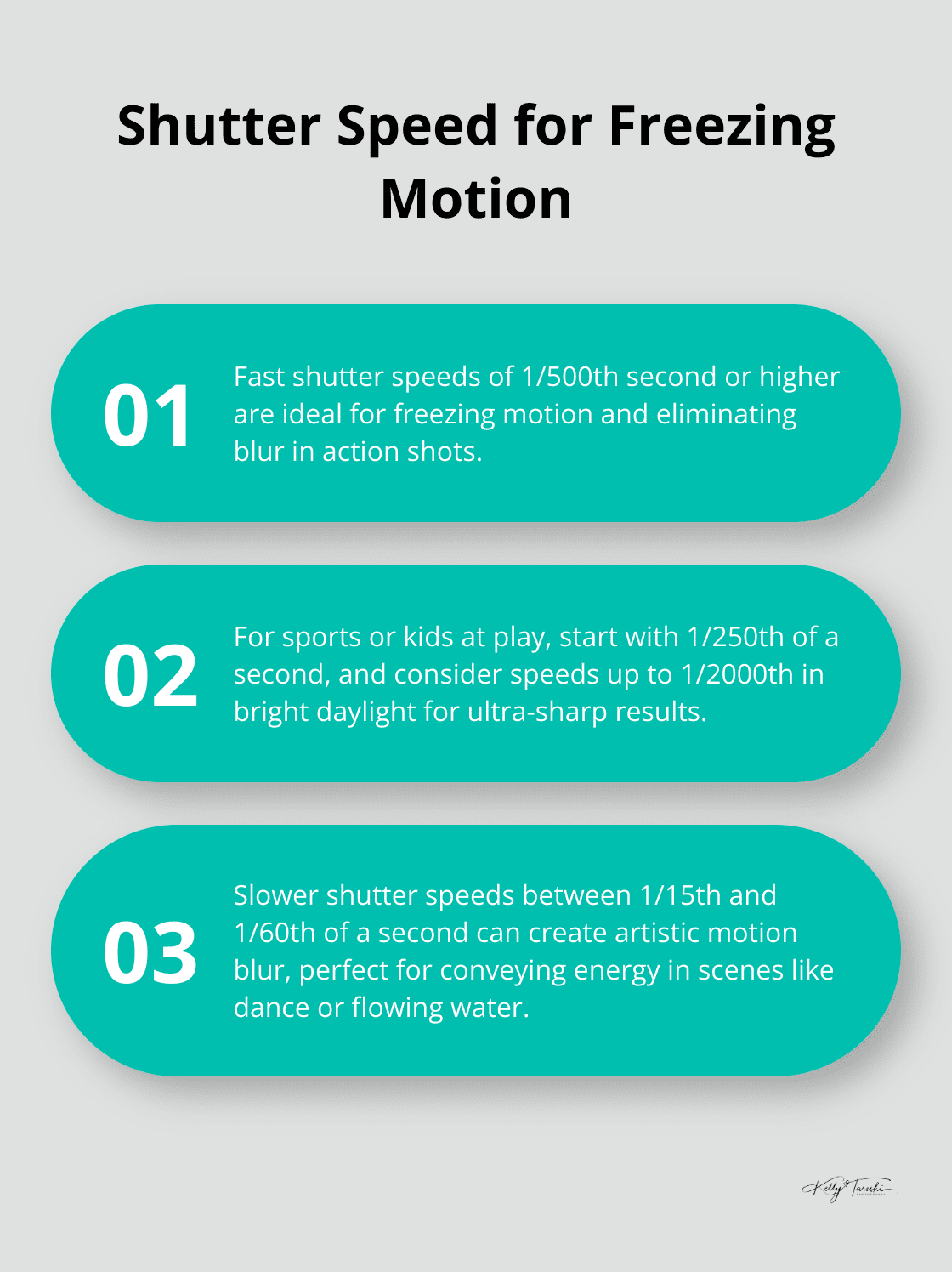 Chart outlining three key points about shutter speed for capturing motion in photography