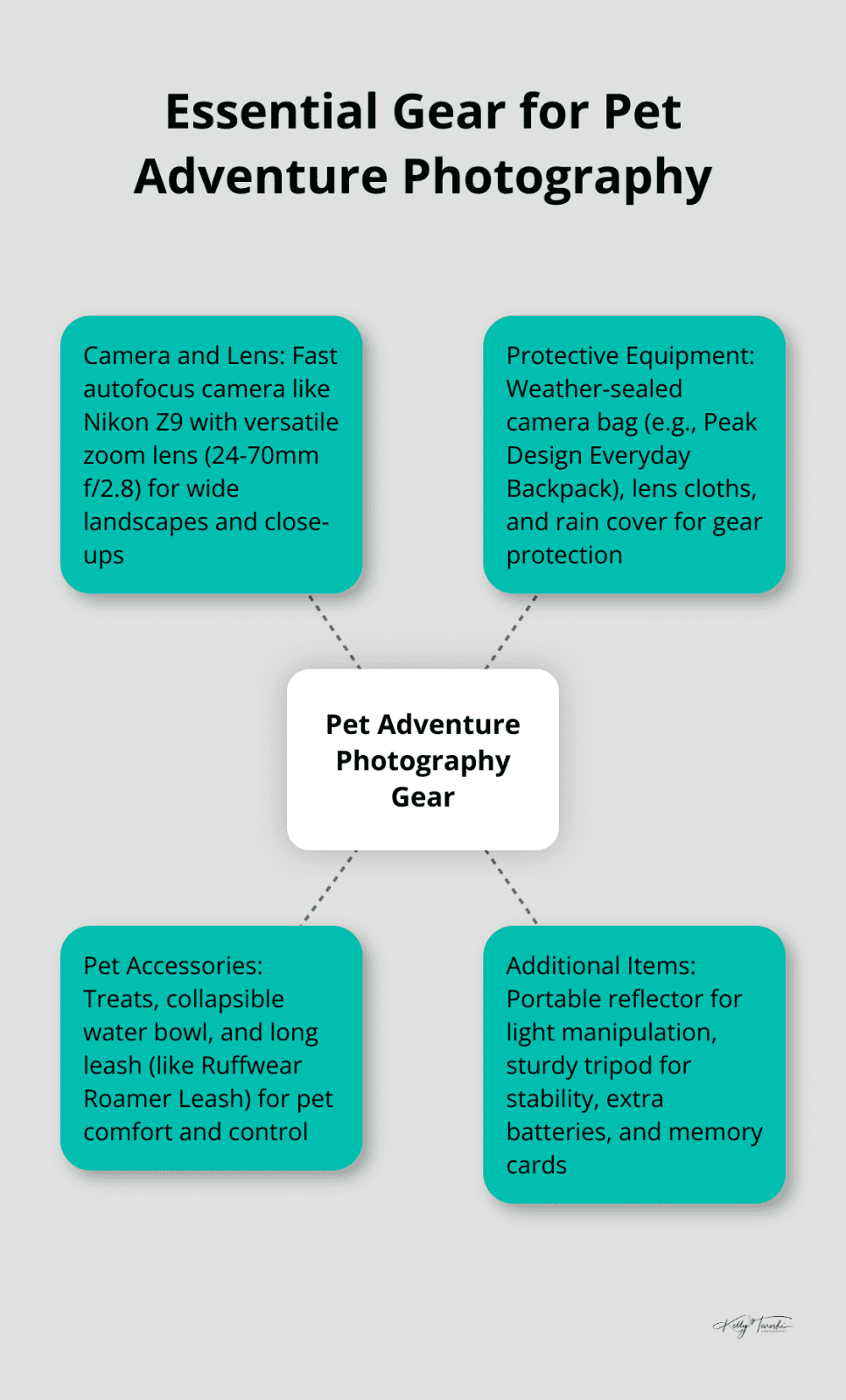 A hub and spoke chart showing essential gear for pet adventure photography, including camera and lens, protective equipment, and pet accessories