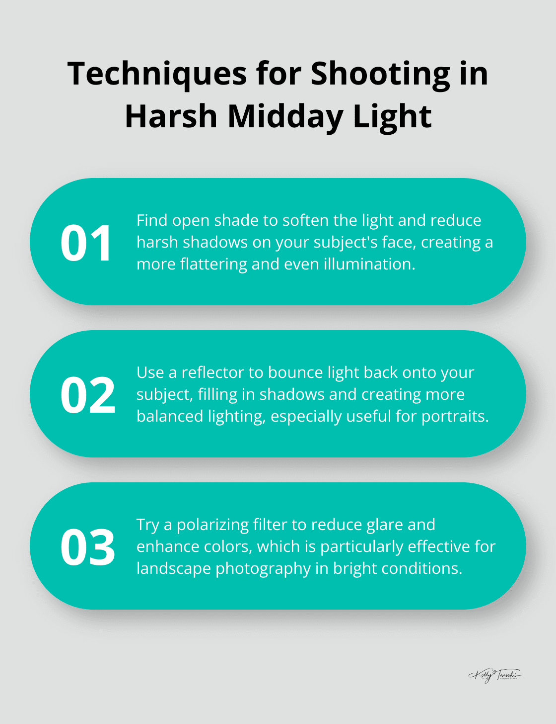 Three techniques for taking photos in bright midday sunlight: using open shade, reflectors, and polarizing filters.