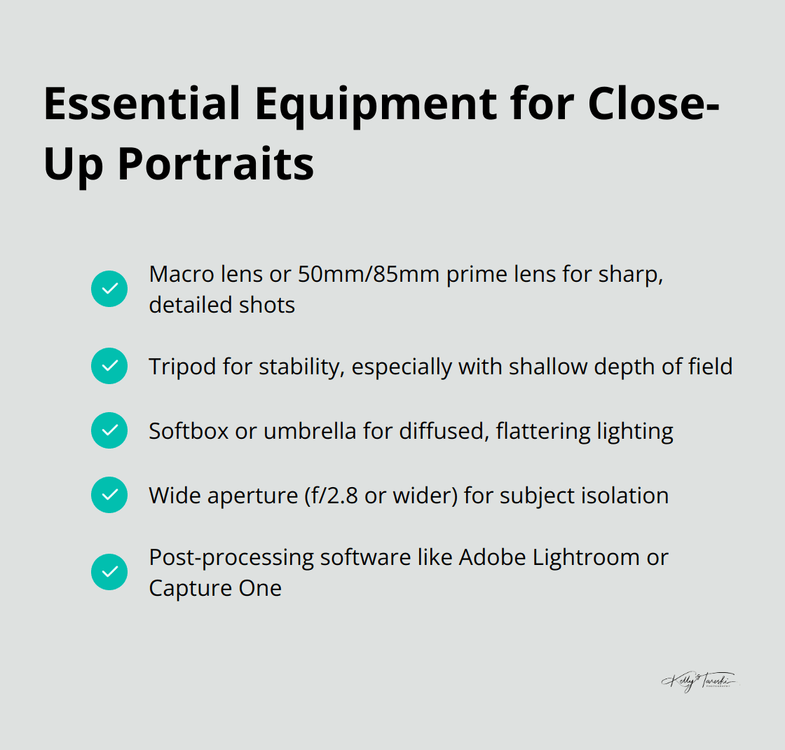 Checklist of essential equipment for close-up portrait photography: macro lens, prime lens, tripod, softbox or umbrella, and editing software. - Photography Education