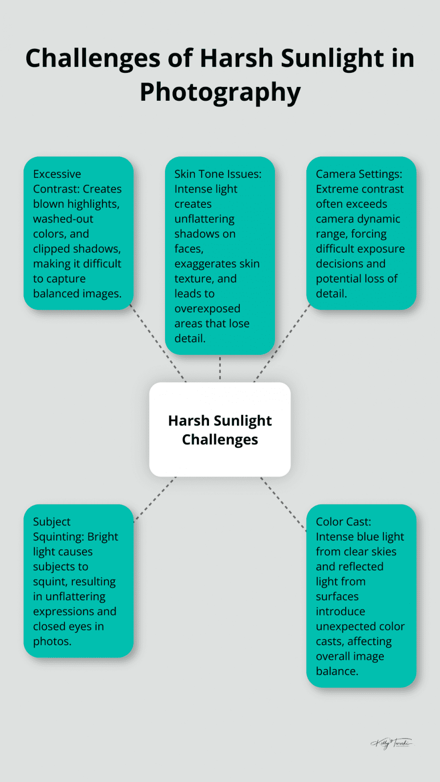 A hub and spoke chart illustrating five main challenges of harsh sunlight in photography: excessive contrast, skin tone issues, camera settings difficulties, subject squinting, and color cast complications. - Photography Education