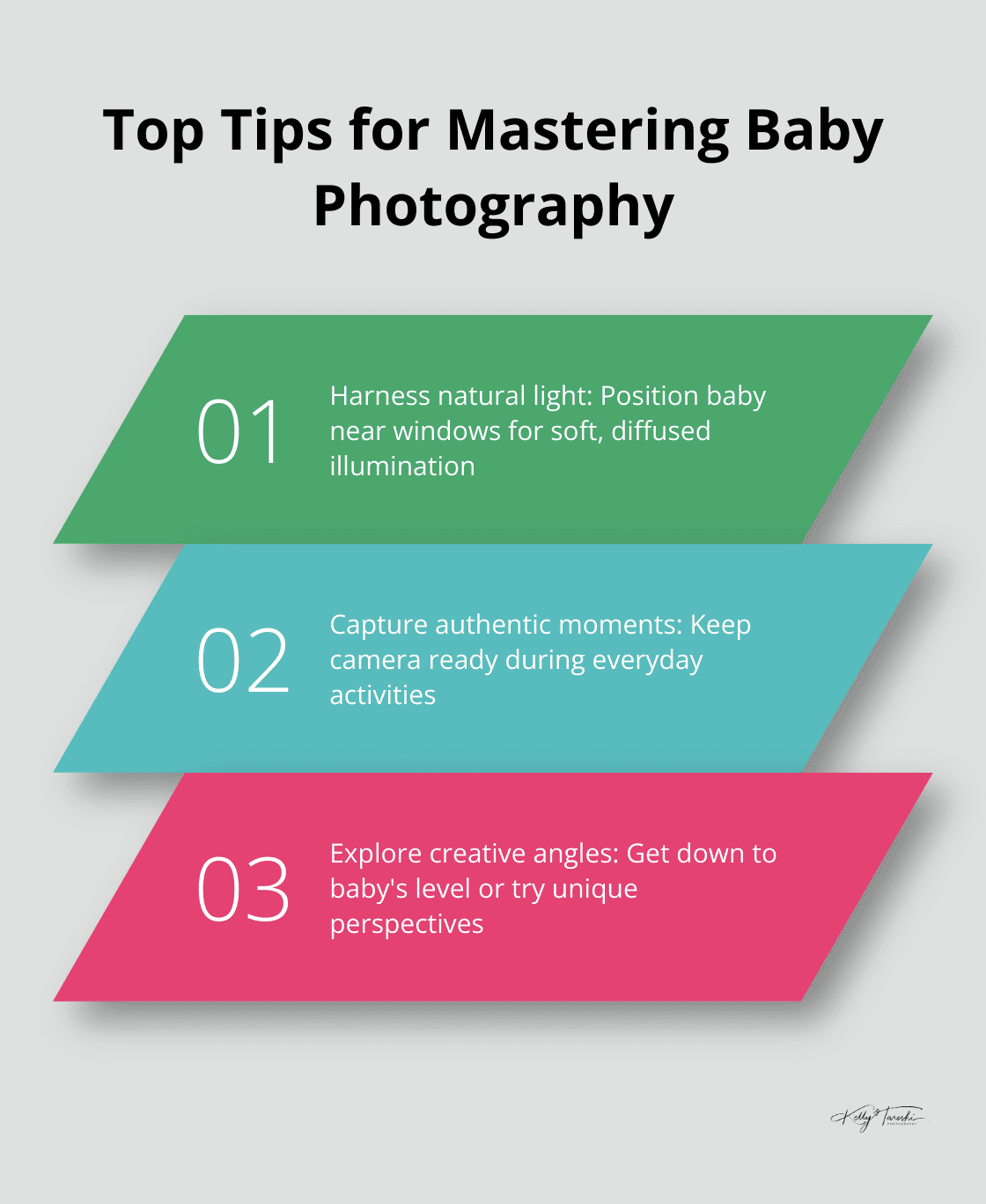 Chart displaying top tips for mastering baby photography: natural light, authentic moments, and creative angles