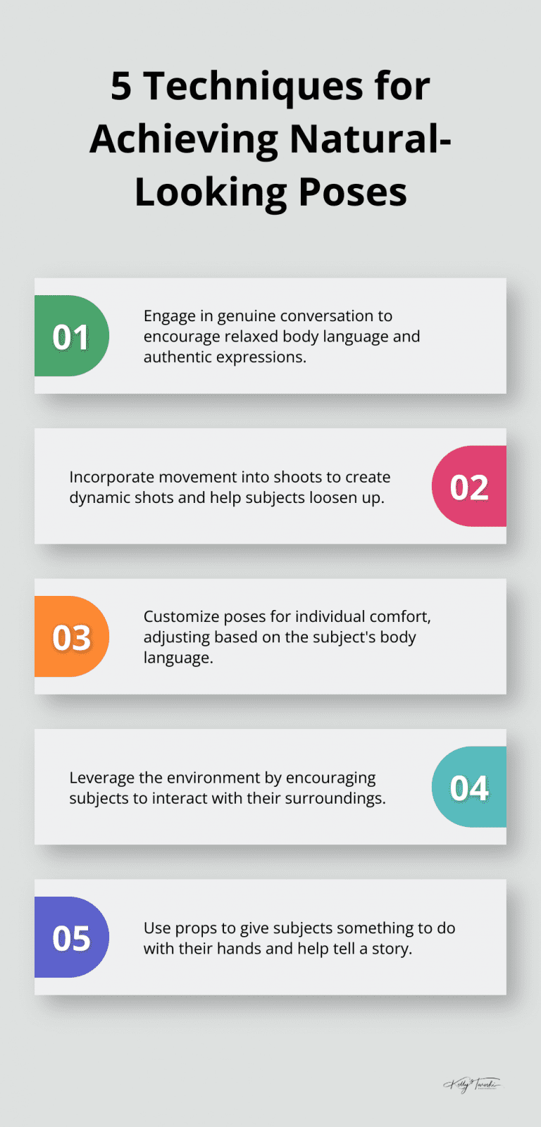 Infographic displaying 5 techniques for achieving natural-looking poses in portrait photography: conversation, movement, customizing poses, leveraging the environment, and using props. - Photography Education
