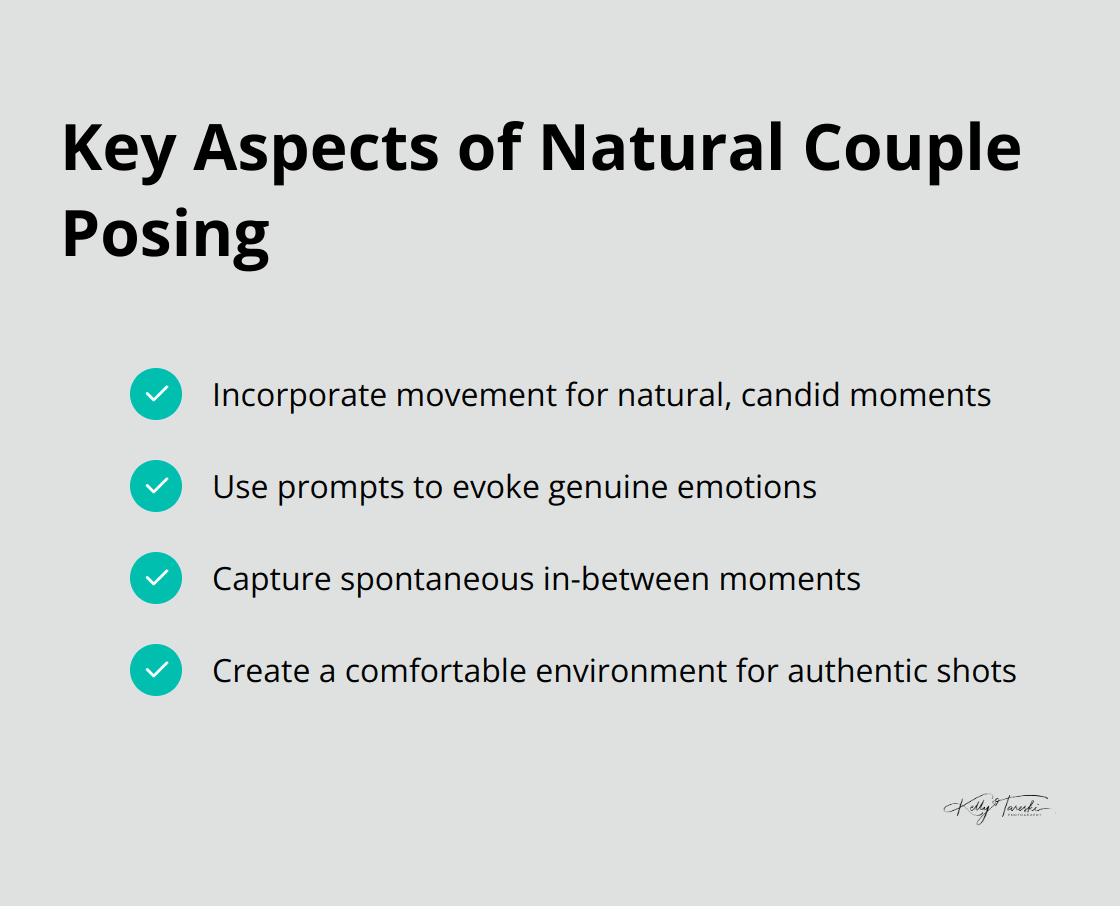 Checkmark list showing four key aspects of posing couples naturally: Movement, Emotion Prompts, In-Between Moments, and Comfortable Environment. - Photography Education