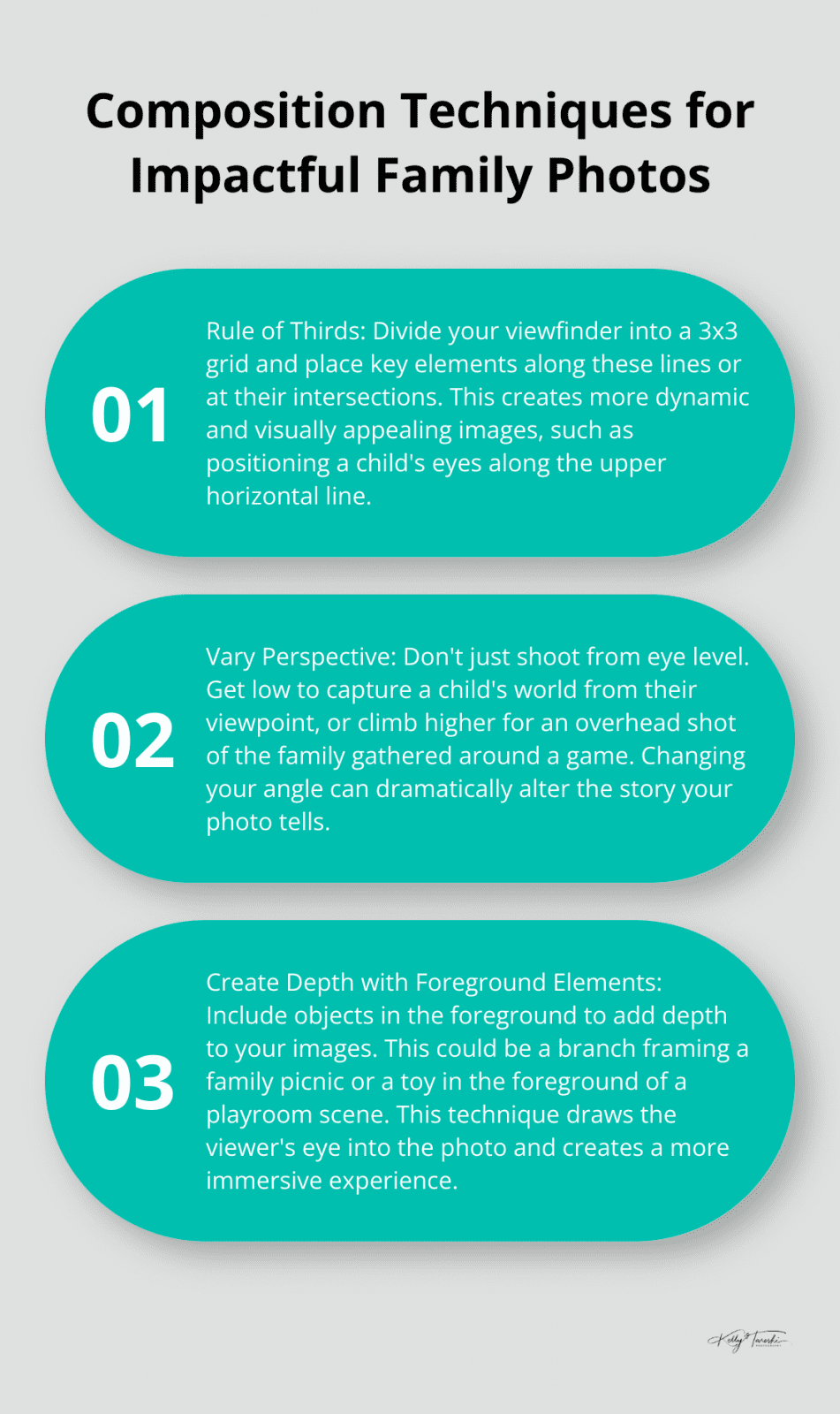 An ordered list chart showing three composition techniques for family photos: Rule of Thirds, Varying Perspective, and Creating Depth with Foreground Elements. - Photography Education
