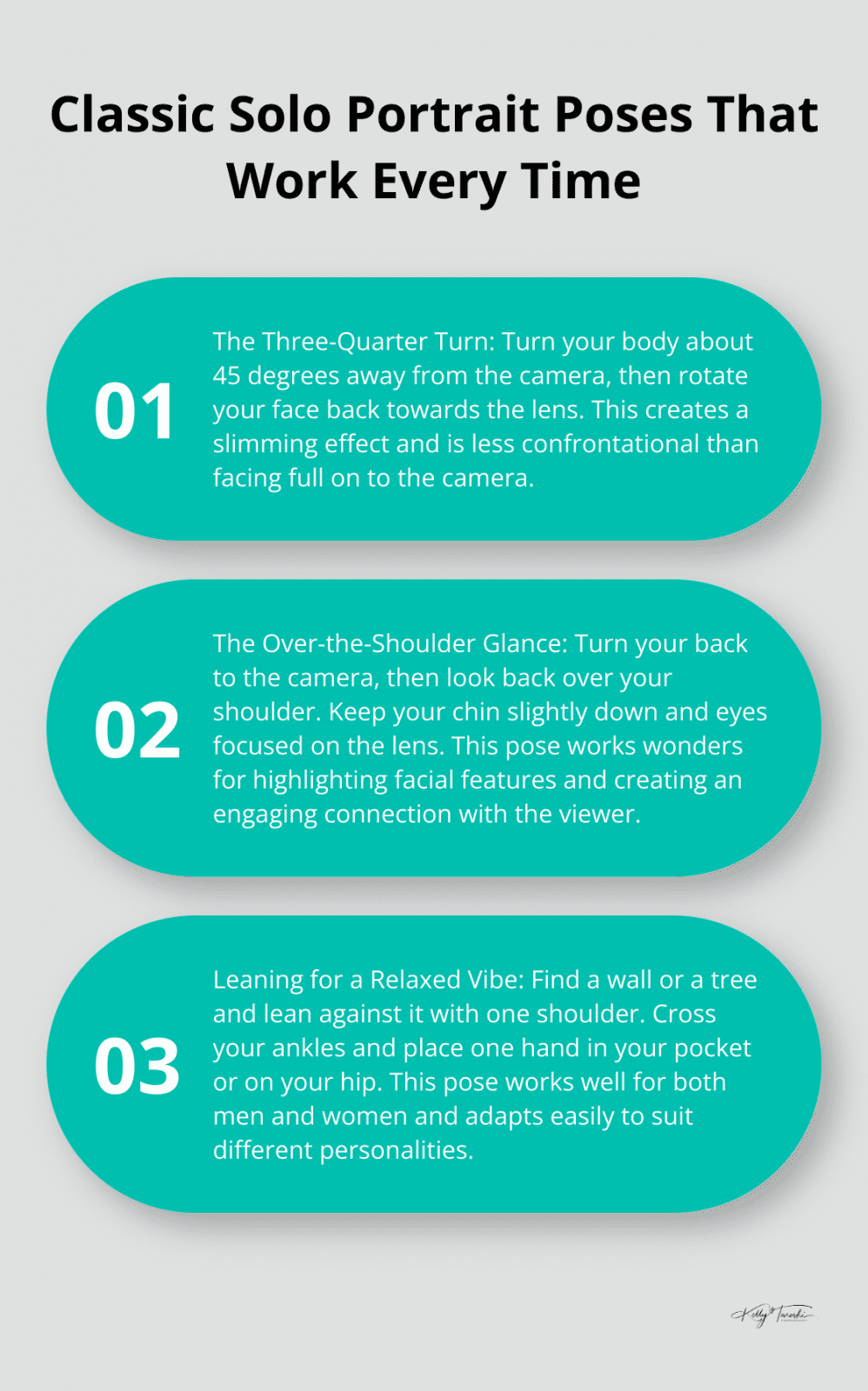An ordered list chart presenting three classic solo portrait poses: The Three-Quarter Turn, The Over-the-Shoulder Glance, and Leaning for a Relaxed Vibe. - Photography Education