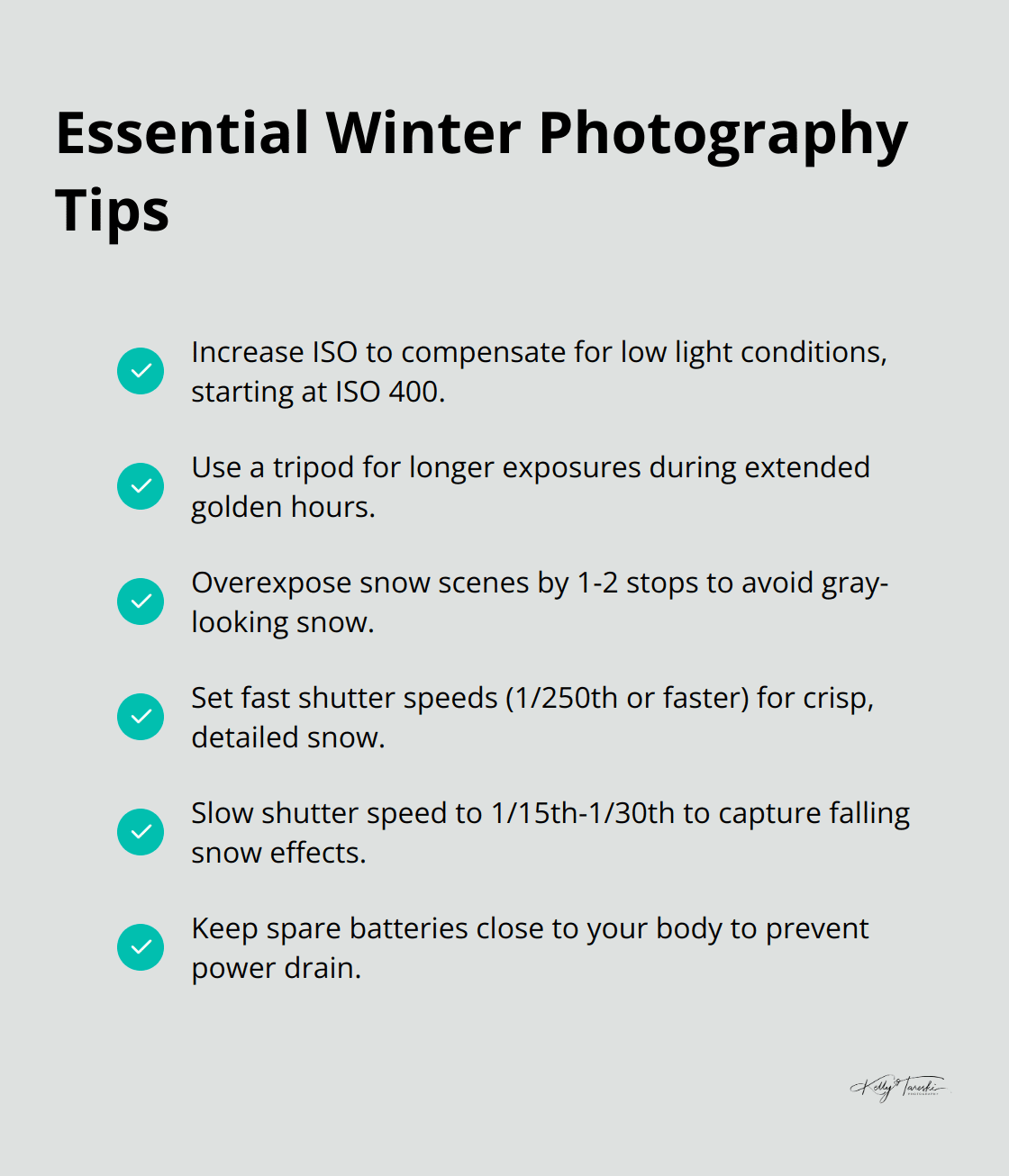 A compact checklist of essential winter photography tips, including adjustments for low light, snow exposure, and gear protection. - Photography Education