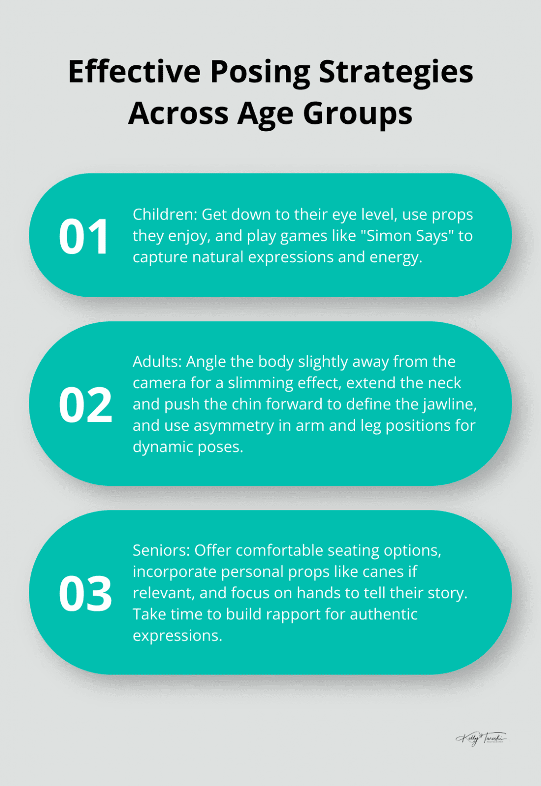 Ordered list chart showing posing strategies for children, adults, and seniors in portrait photography
