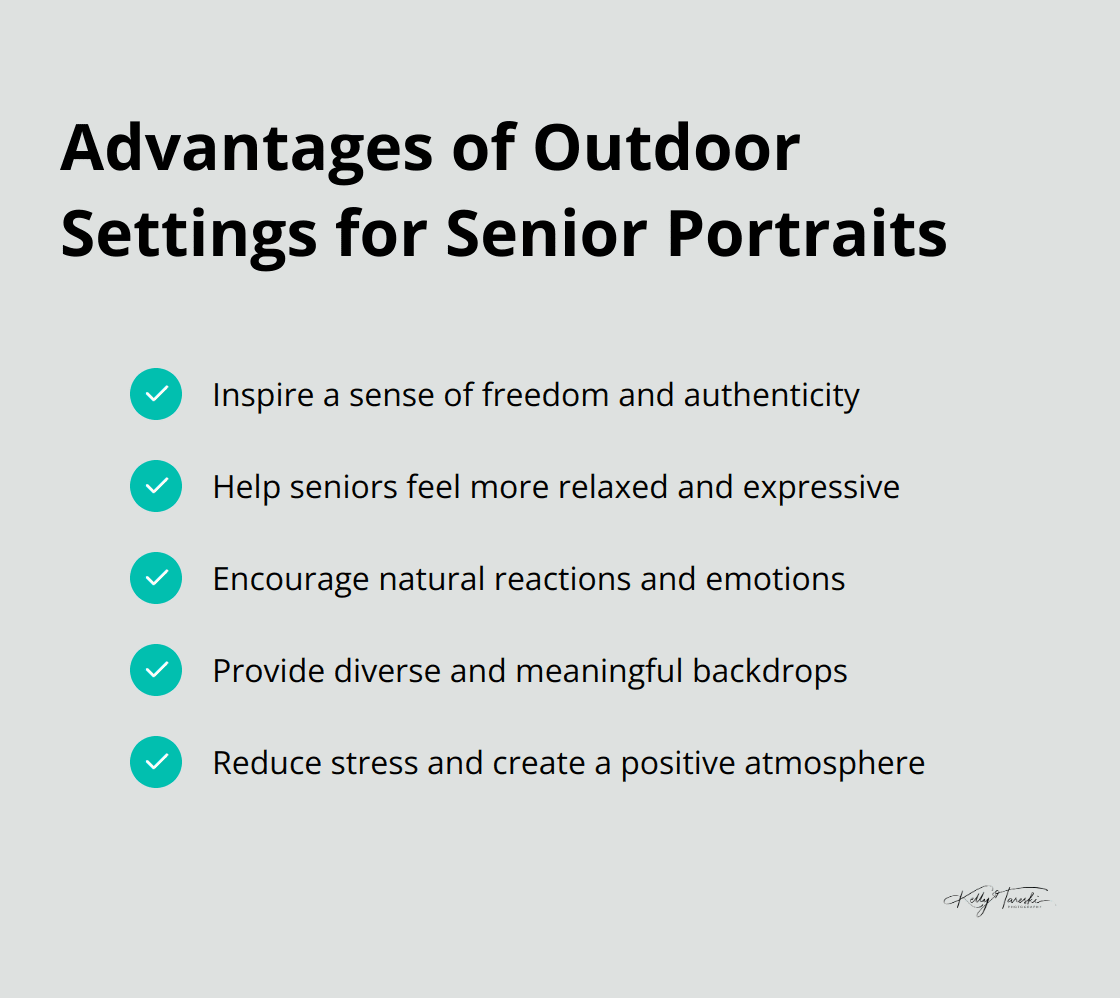 A checkmark list chart showing the advantages of outdoor settings for senior portraits, including inspiring a sense of freedom, helping seniors feel relaxed, encouraging expressiveness, evoking natural reactions, and reducing stress.