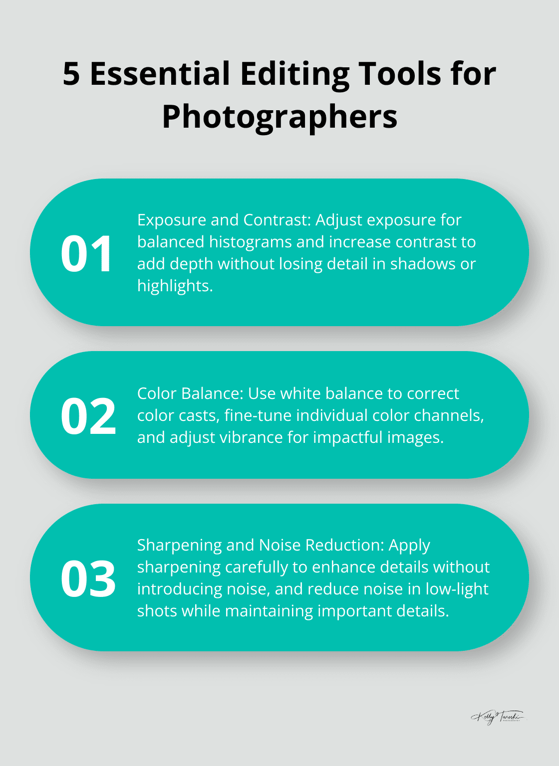 An ordered list chart displaying 5 essential editing tools for photographers: Exposure and Contrast, Color Balance, Sharpening, Composition Refinement, and Consistent Workflow. - Photography Education