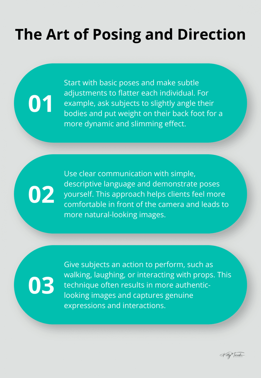 An ordered list chart presenting three key points about posing techniques and communication with subjects in photography. - Photography Education