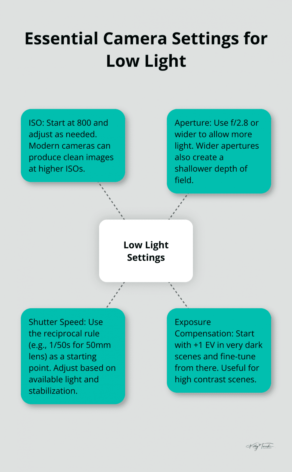 Hub and spoke chart illustrating key camera settings for low light photography - Photography Education