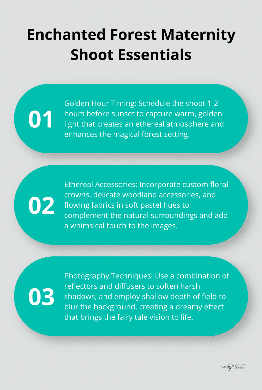 An ordered list chart highlighting three key elements for an enchanted forest maternity shoot: golden hour timing, ethereal accessories, and photography techniques. - Photography Education