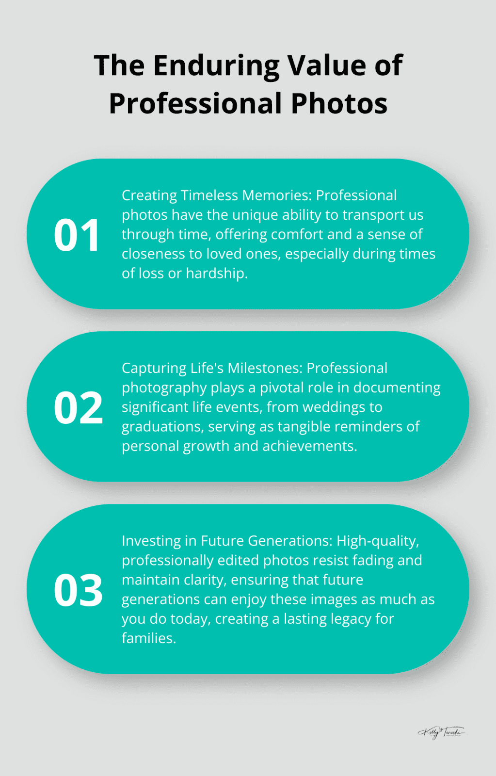An ordered list chart highlighting three key aspects of the enduring value of professional photos: creating timeless memories, capturing life's milestones, and investing in future generations.