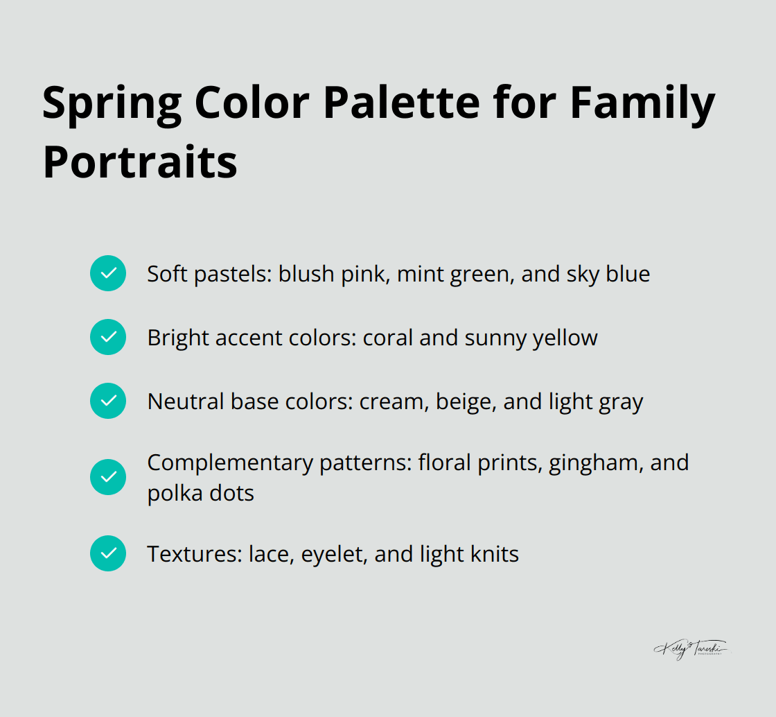Recommended colors for spring family portraits, including soft pastels, bright accents, and neutral base colors - Photography Education