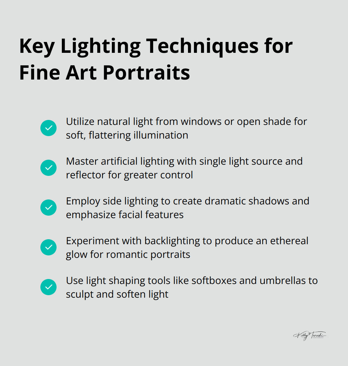 Checkmark list of essential lighting techniques for fine art portraits: Natural light, Artificial light, Side lighting, Backlighting, and Light shaping tools