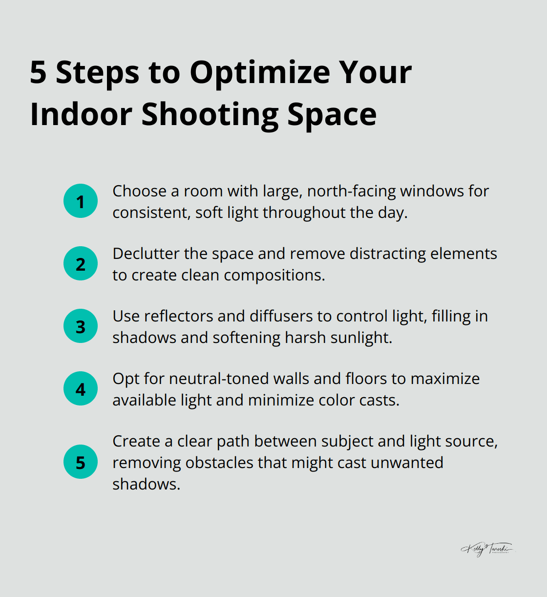 Ordered list chart showing 5 steps to optimize indoor space for natural light photography