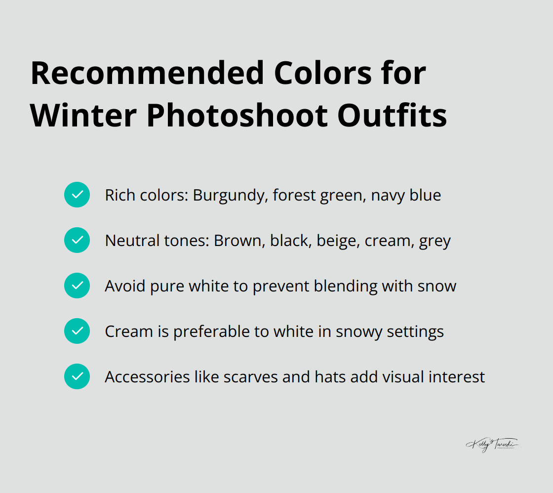 A checkmark list chart showing recommended colors for winter family photoshoot outfits, including rich colors like burgundy and navy, and neutral tones. - Photography Education