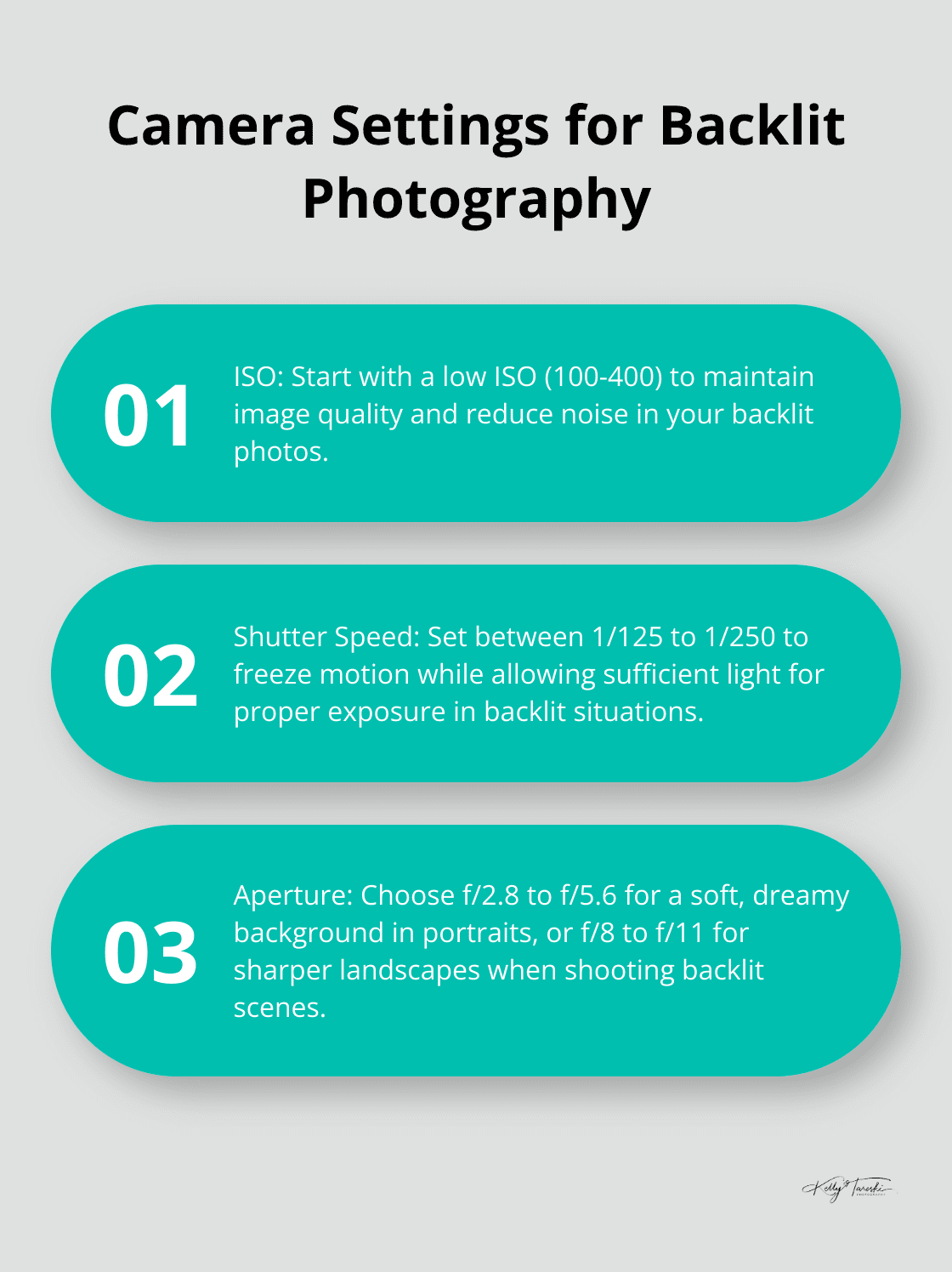 Ordered list chart showing optimal camera settings for backlit photography - Photography Education