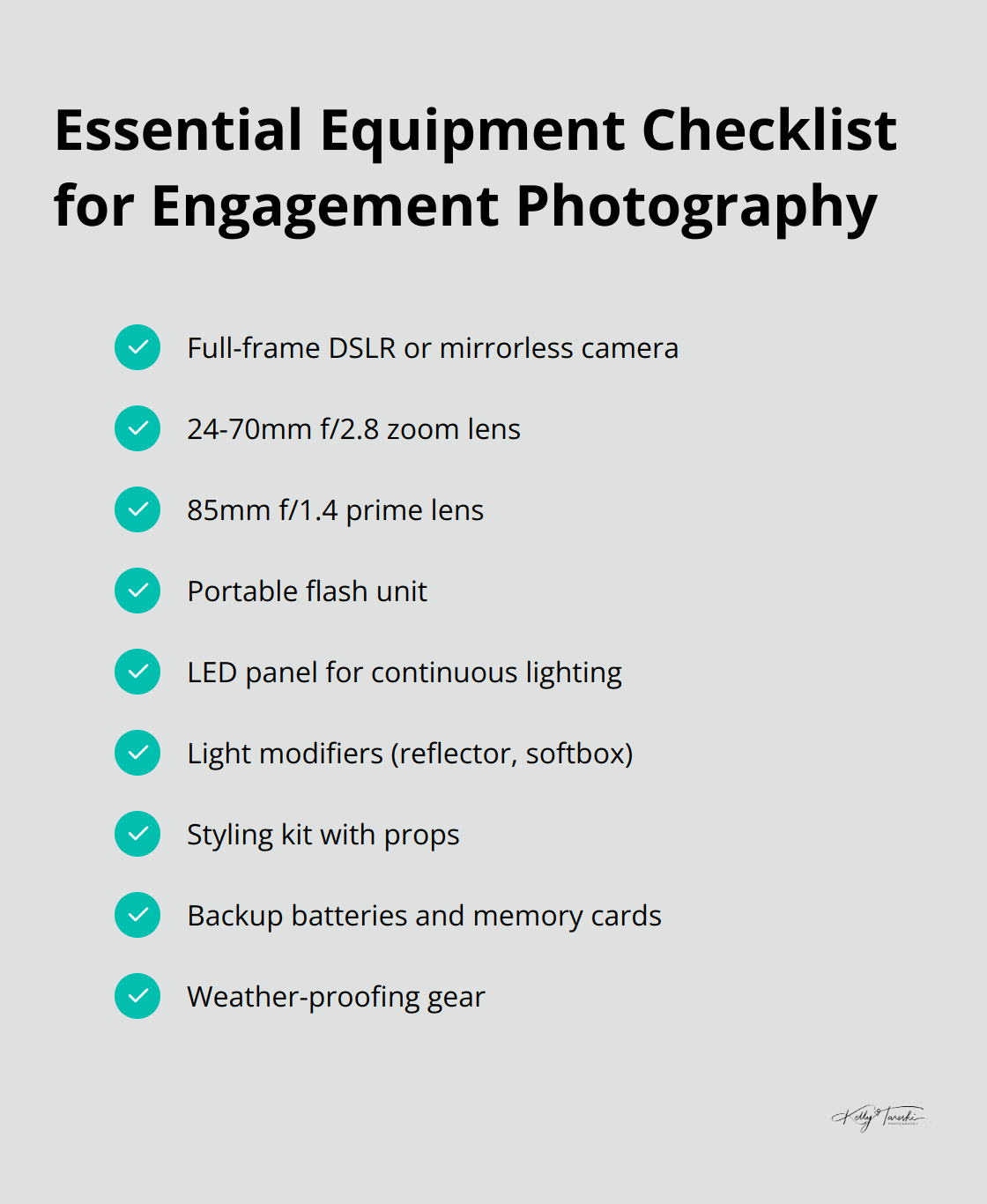 A checklist of essential equipment for engagement photography, including camera, lenses, lighting equipment, and accessories. - Photography Education