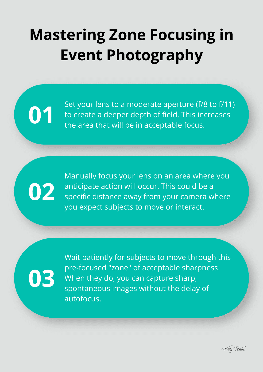 An ordered list chart showing three steps to use zone focusing effectively in event photography: set moderate aperture, manually focus on anticipated action area, and wait for subjects to move through the zone of acceptable sharpness. - Photography Education