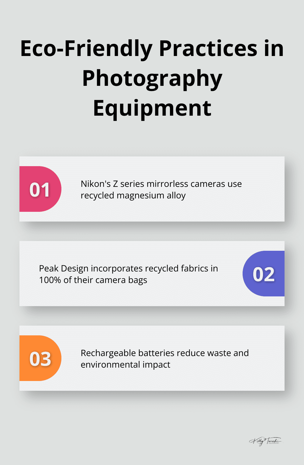 Chart listing recycled materials in cameras, sustainable camera bags, and rechargeable batteries as eco-friendly practices in photography equipment