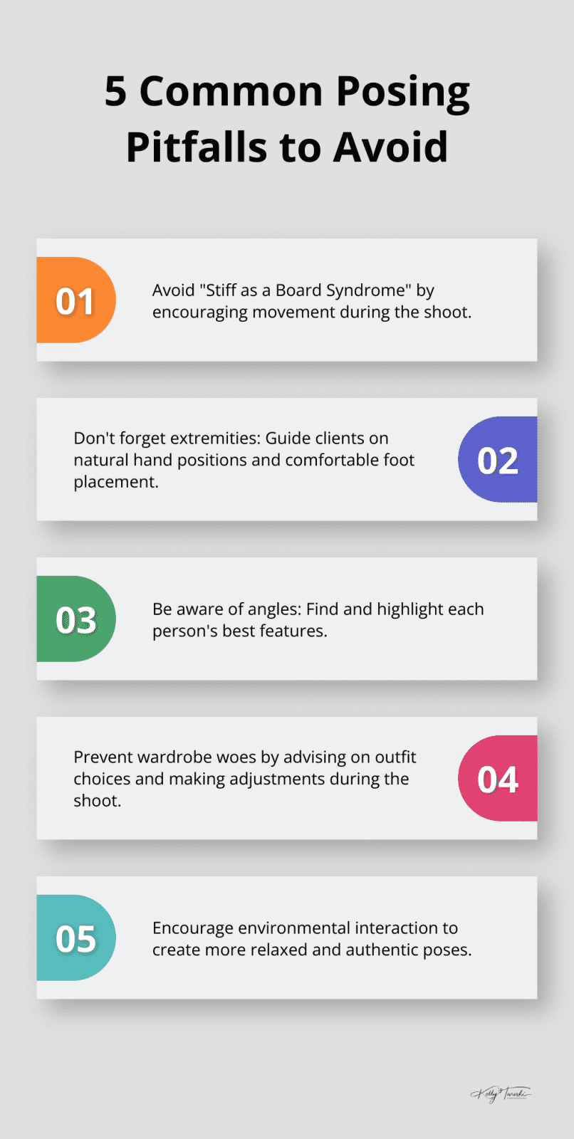 Infographic highlighting 5 common posing pitfalls to avoid in portrait photography: stiff poses, forgotten extremities, angle unawareness, wardrobe issues, and lack of environmental interaction. - Photography Education