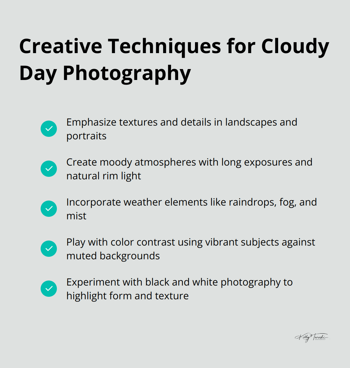 Checkmark list of creative techniques for cloudy day photography - Photography Education
