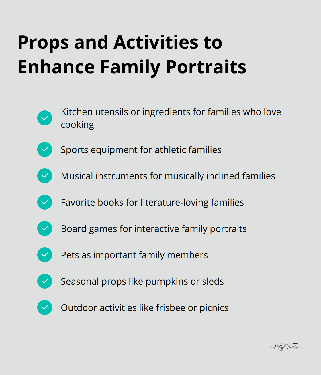 A checkmark list chart showing various props and activities to enhance family portraits, including kitchen utensils, sports equipment, board games, pets, seasonal items, and outdoor activities. - Photography Education