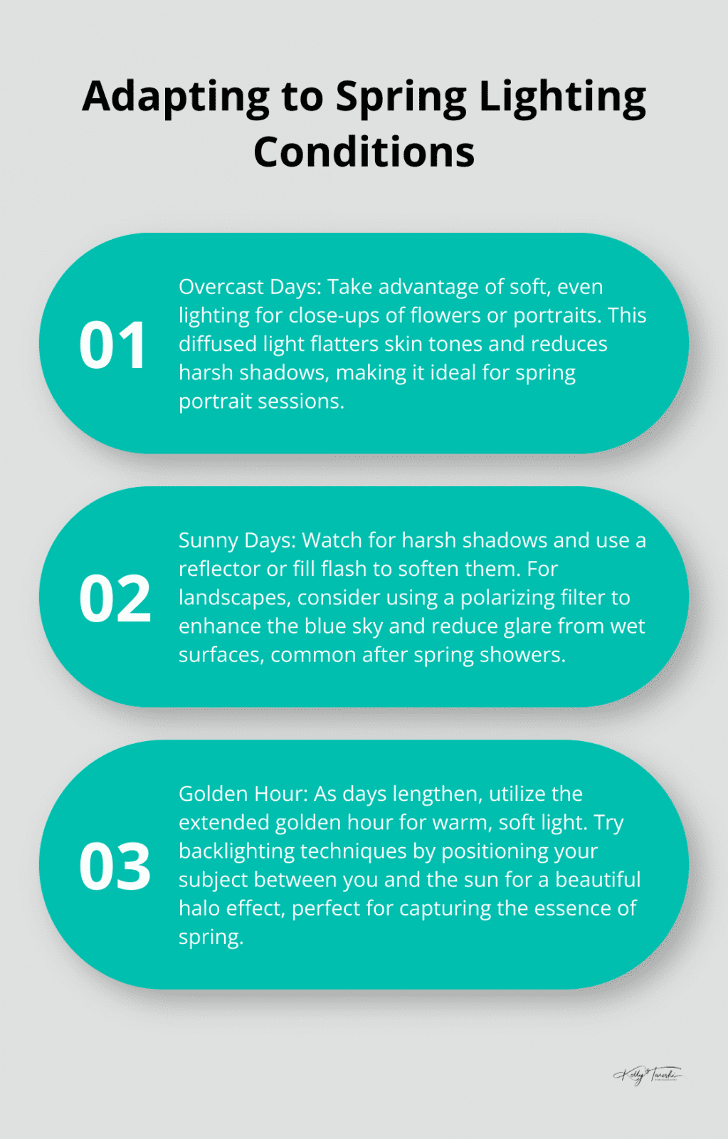 An ordered list chart outlining three techniques for adapting to different spring lighting conditions in photography. - Photography Education