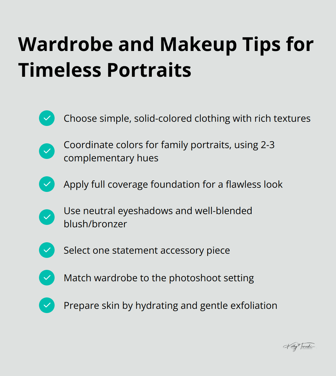 Checkmark list of key tips for wardrobe and makeup choices in portrait photography - Photography Education