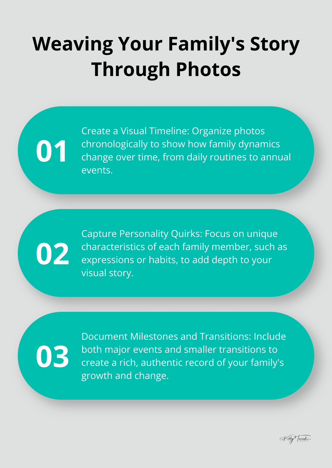 Chart illustrating three key elements for creating a comprehensive family narrative through photography