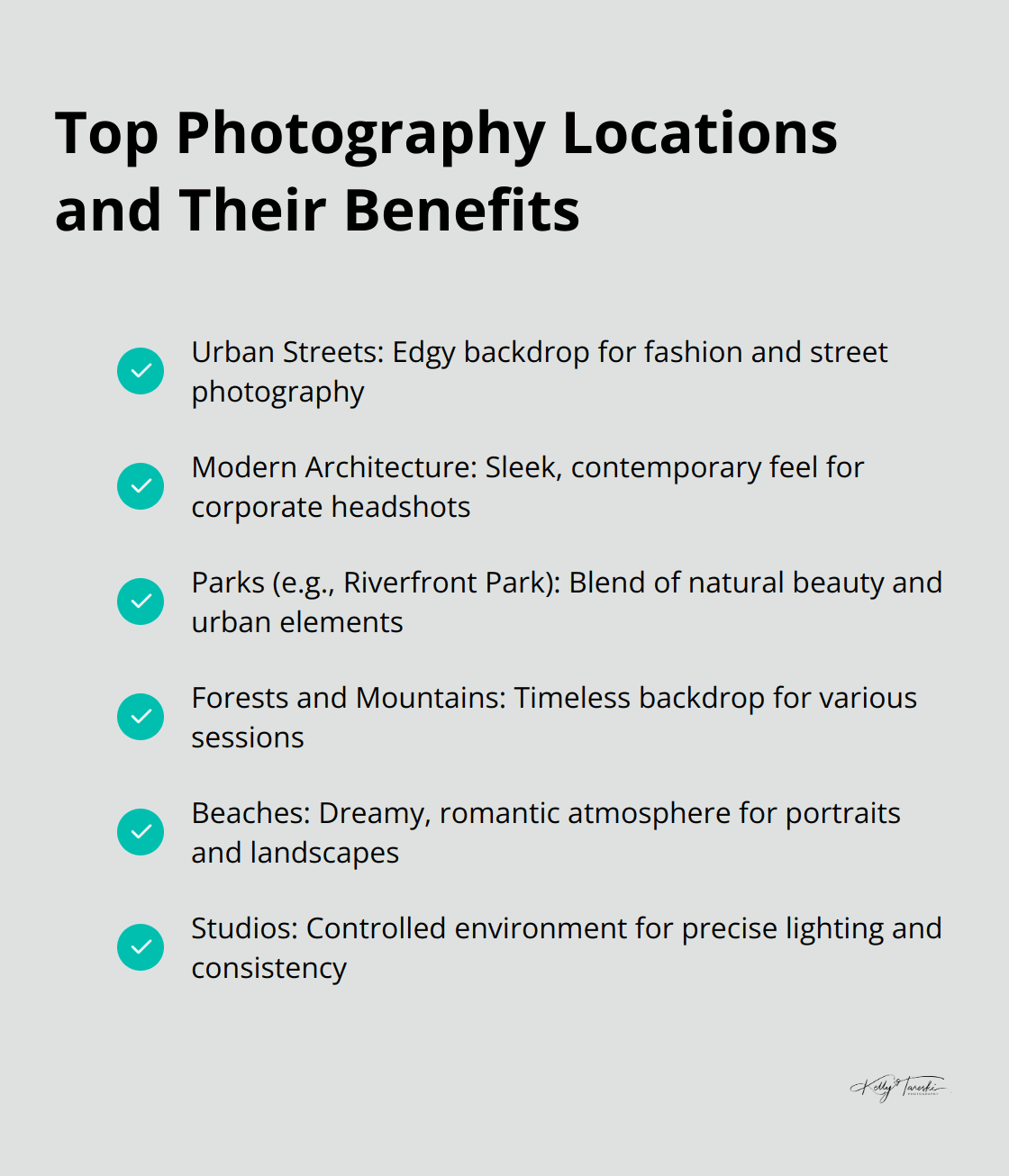 Infographic listing popular photography locations including urban settings, natural environments, and studios, with their unique benefits