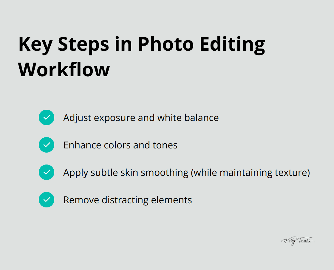 A checkmark list chart showing the essential steps in the photo editing workflow: adjust exposure and white balance, enhance colors and tones, apply subtle skin smoothing, and remove distracting elements.