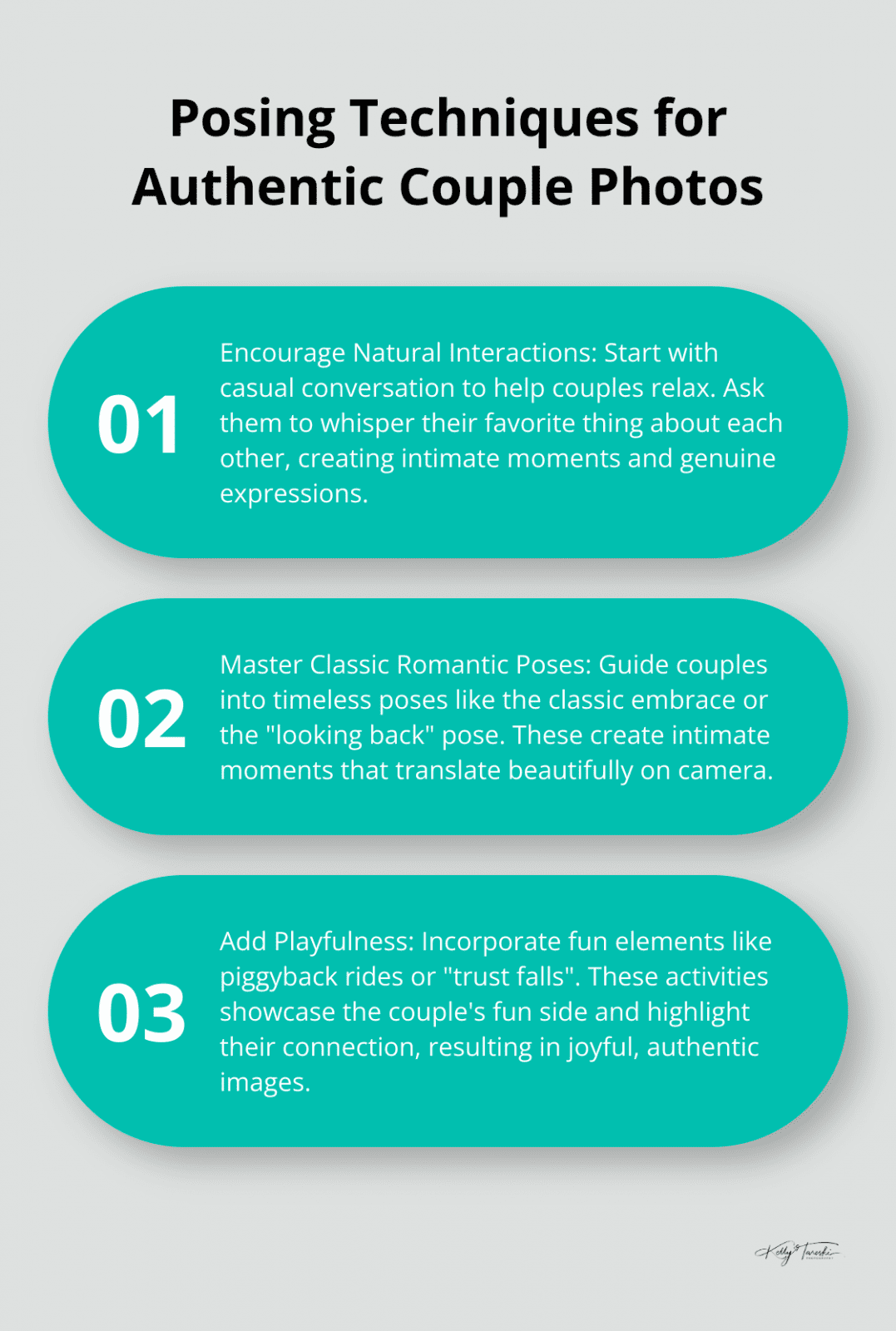 Ordered list chart showing three posing techniques for authentic couple photos - Photography Education