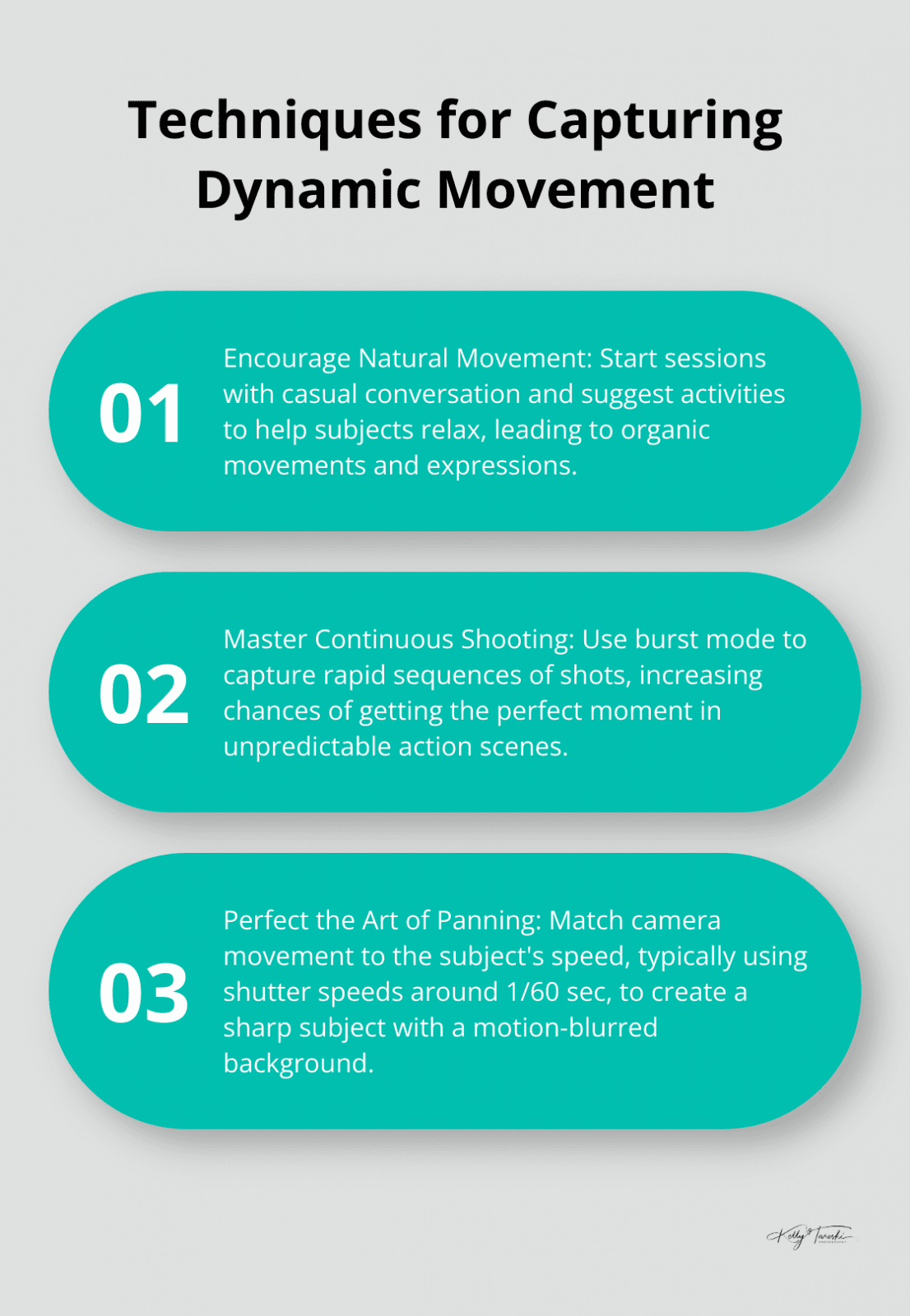 Ordered list chart presenting four techniques for capturing dynamic movement in lifestyle photography - Photography Education