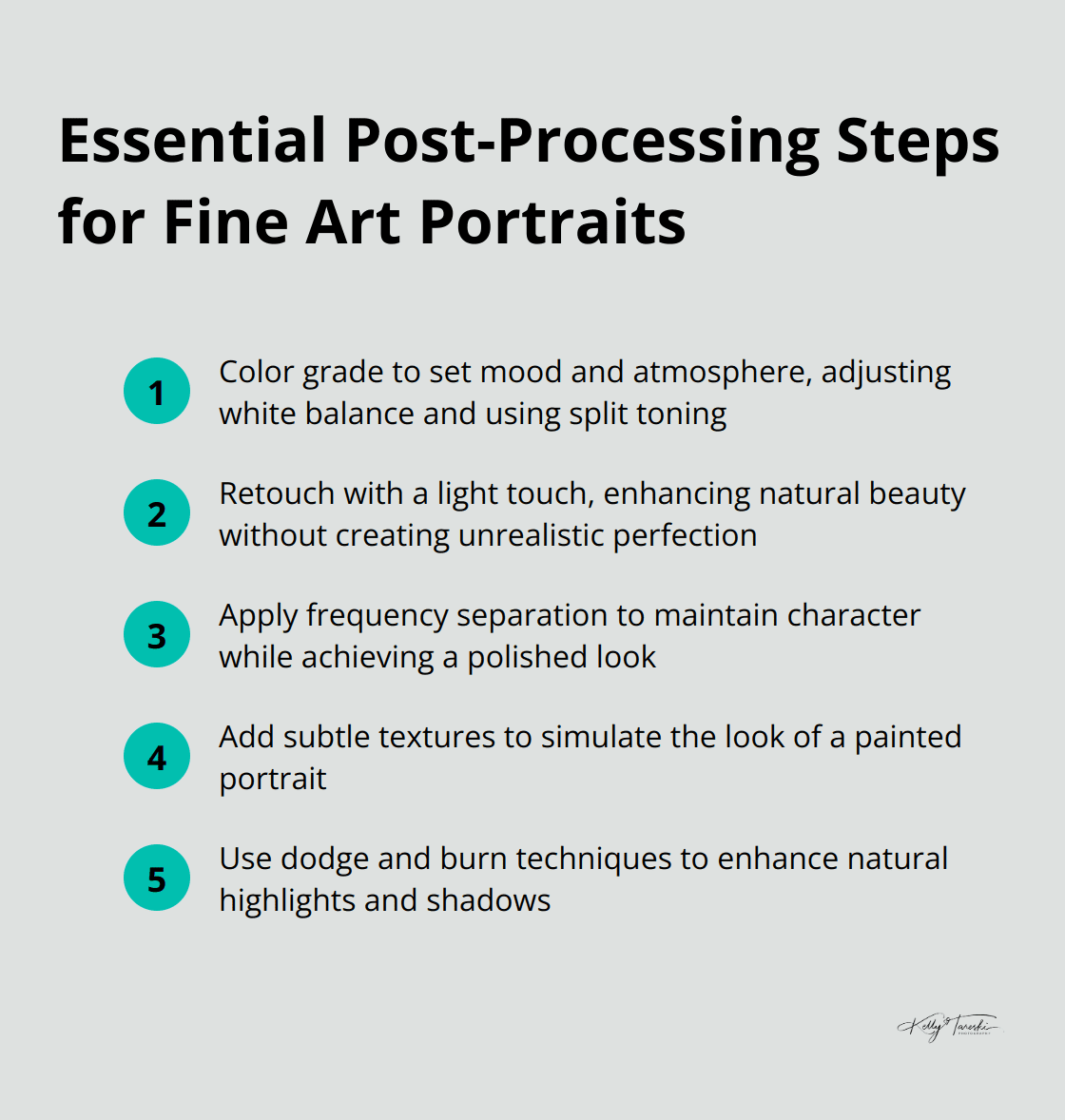 Ordered list of five crucial post-processing steps for fine art portraits: Color grading, Retouching, Frequency separation, Adding texture, and Dodge and burn - Photography Education