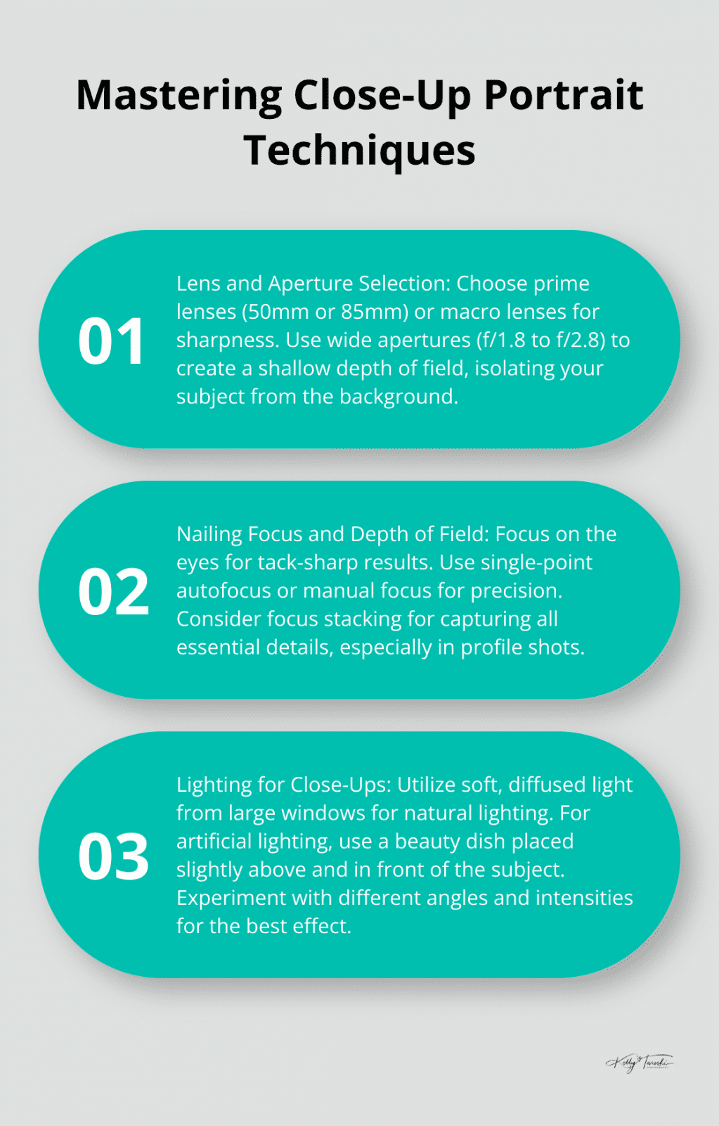 Ordered list chart showing three key steps in mastering close-up portrait techniques: Lens and Aperture Selection, Nailing Focus and Depth of Field, and Lighting for Close-Ups.