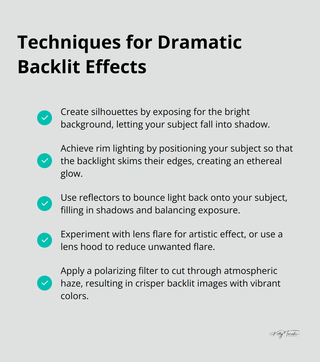 Checkmark list chart showing techniques for creating dramatic effects in backlit photography