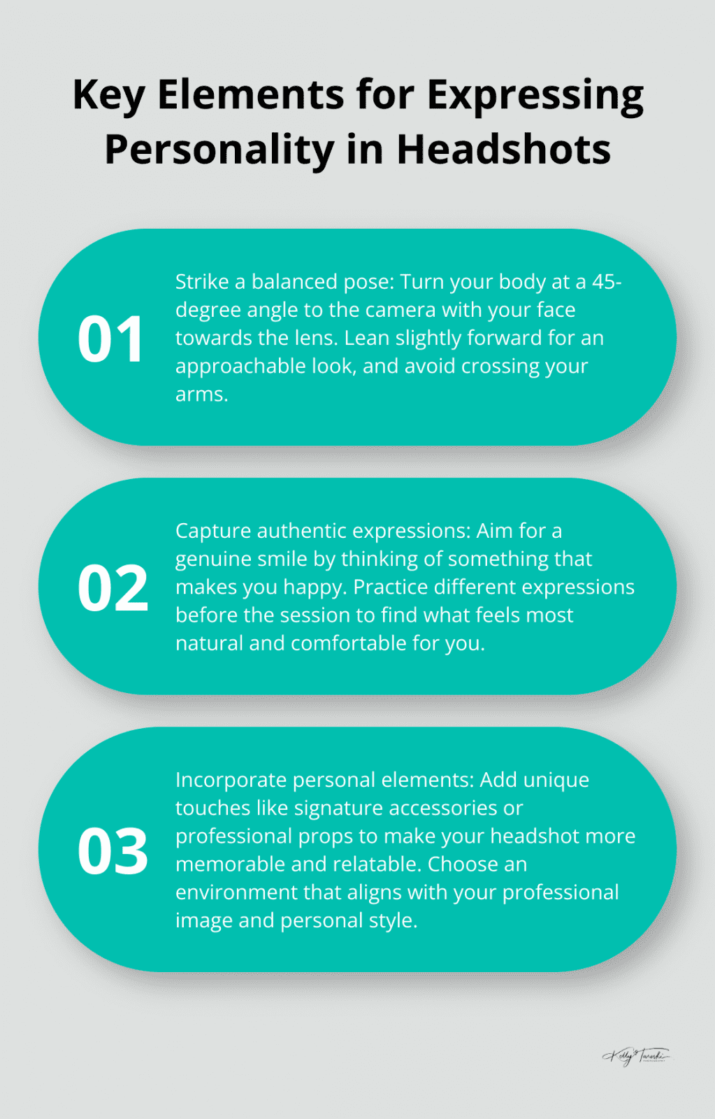An ordered list chart showing three key elements for expressing personality in business headshots: balanced pose, authentic expressions, and personal touches