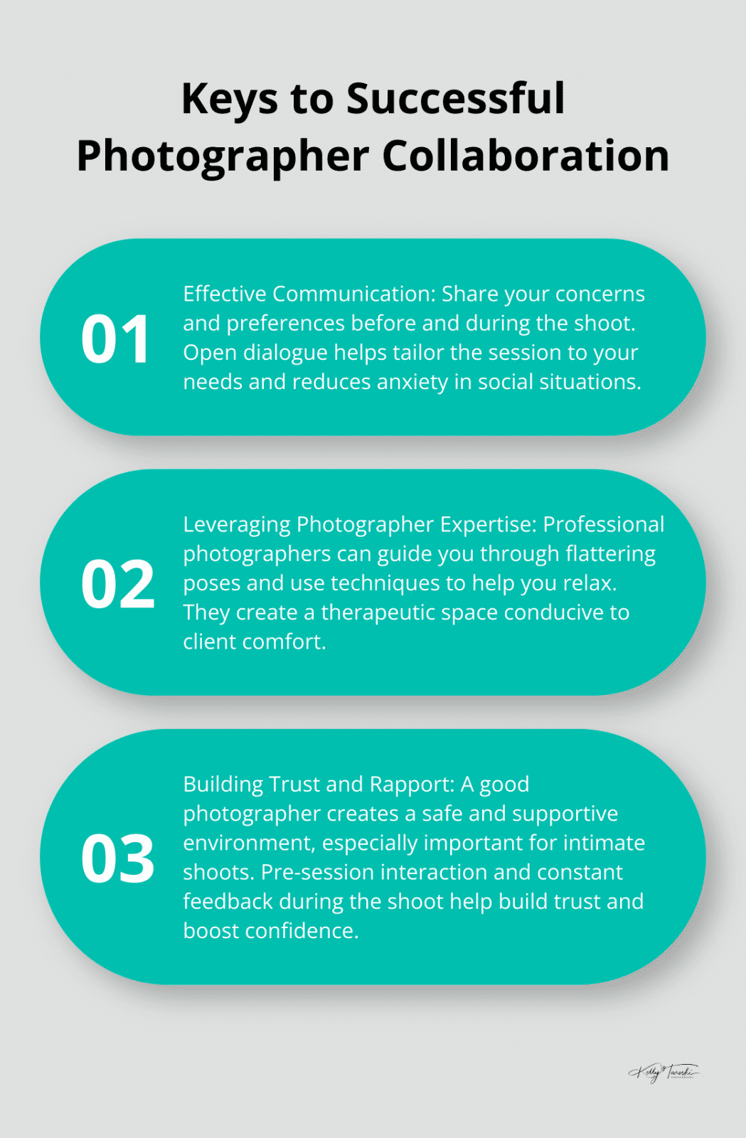 An ordered list chart showing three key aspects of collaborating with your photographer: effective communication, leveraging photographer expertise, and building trust and rapport.