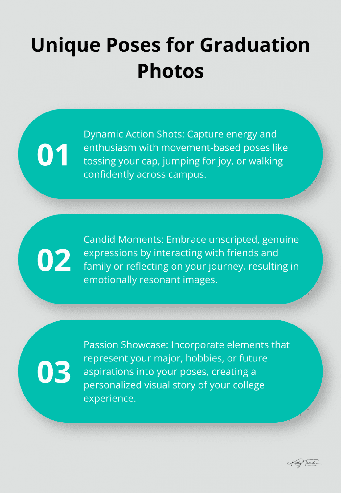 An ordered list chart showing three types of unique poses for graduation photos: Dynamic Action Shots, Candid Moments, and Passion Showcase.