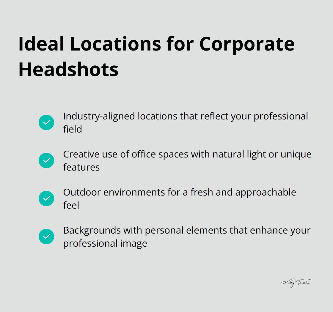 A checkmark list showing ideal locations for corporate headshots, including industry-aligned locations, office spaces, outdoor environments, and personal elements in the background.