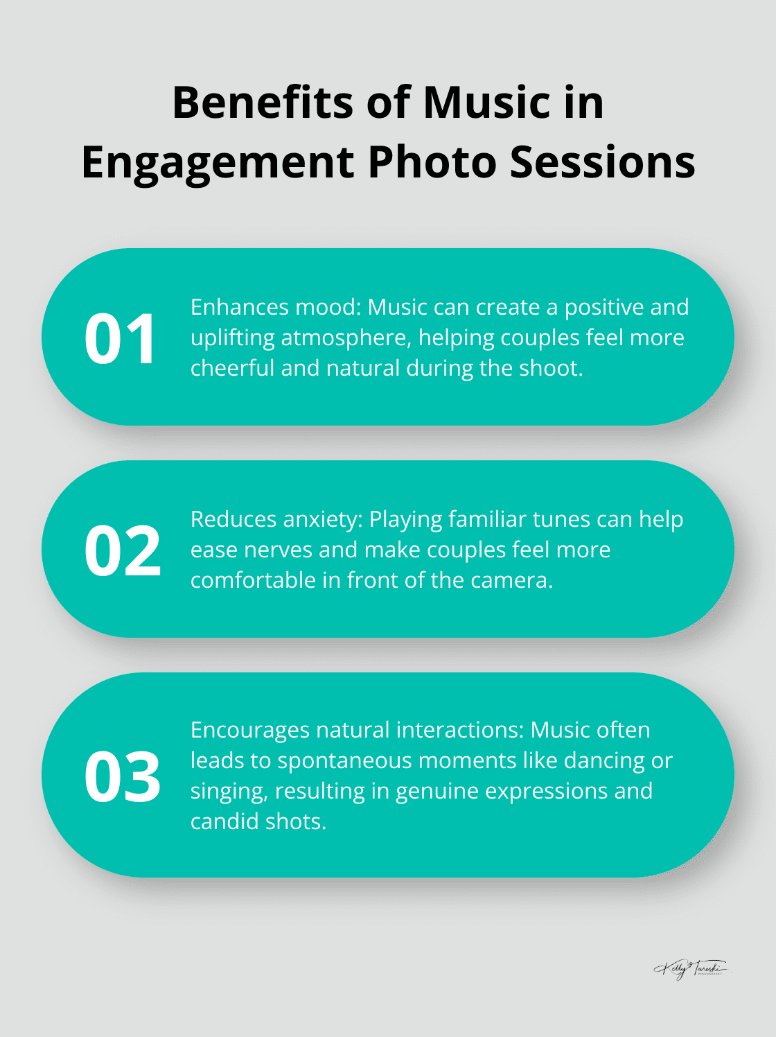 An ordered list chart showing three key benefits of using music during engagement photo sessions, including mood enhancement, anxiety reduction, and creating a relaxed atmosphere.